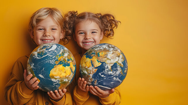 Children hold a globe in their hands. Free space for text. Planet protection concept.