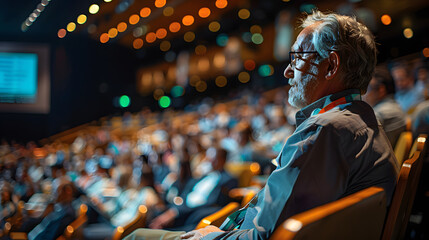 A commanding image capturing a keynote speaker addressing a packed auditorium at a security conference, with attendees engaged and taking notes. - obrazy, fototapety, plakaty