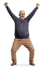 Full length portrait of a happy mature man with arms up