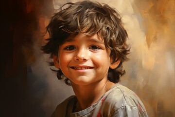 Smiling boy paint portrait. Kid face art little boy happy. Generate Ai