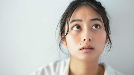A beautiful Asian woman has insomnia and dark circles around her eyes.