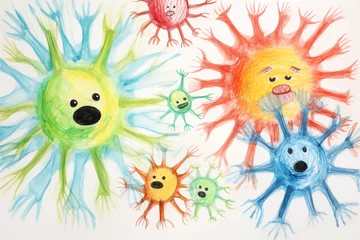 Fotobehang Child's crayon drawing of coronavirus. How children's imagination represents coronavirus, illustration. © Armen