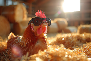 Rooster Struts with Style in Sunglasses and Headphones, Rooster Rocks Shades and Headphones on the Street, Sunglasses and Headphones for the Stylish Strutting Bird, Rooster's Cool Street Look with Sun