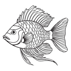 Hand Drawn Outline Sketch Fishes. Ink Drawing Sea Creature Mascot. 