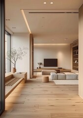  house beautiful modern living room minimalist living room, in the style of japanese minimalism