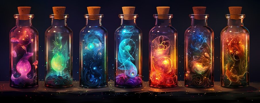 Magic bottles with magic elixirs for love spells, sorcery and divination. Magic illustration and alchemy. Digital ai art