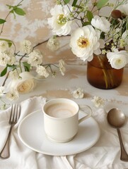 Fototapeta na wymiar cup of coffee and flowers, table setting 