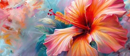 A detailed painting featuring a stunningly colorful hibiscus flower in shades of pink, displayed prominently against a solid blue background. The intricate details of the flowers petals are
