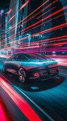 Fototapeta premium Hyperdrive Nightscape: Modern Futuristic Cars Streak Through City Streets in a Blazing Light Trail
