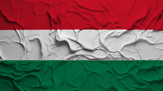 Close-Up of a Wrinkled and Cracked Old Hungary Flag