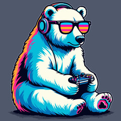 Polar Bear as Gamer, Holding game controller, Funny and Cool, Minimal T-Shirt design for Game and Animal Lover, Svg Eps Vector illustration - obrazy, fototapety, plakaty