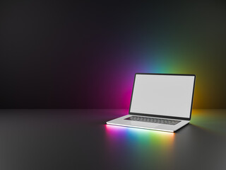 3D Laptop computer with glow rainbow led light open with blank screen on dark glow light background. 3D render illustration