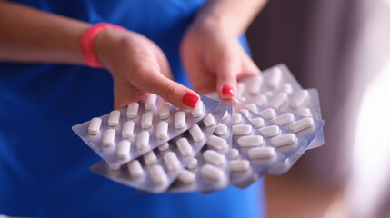 Woman hands hold lot of blisters with medical pills closeup. Taking medications and antidepressants...