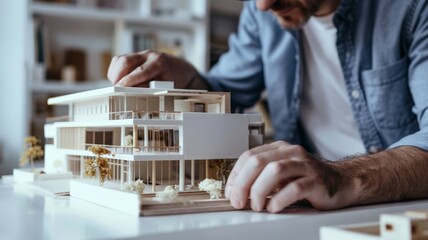 Architect assembles model-style house model at work table in white office.