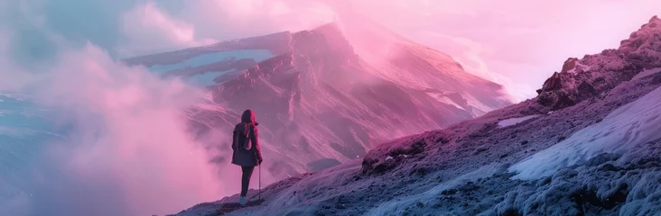 Türaufkleber mountains landscape with a woman hiking and traveling alone,, having time  in the nature,lilac and pink purple color palette © aledesun