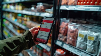 hand holding a smartphone scanning a QR code on a food product packaging. The screen displays a list of ingredients with allergens highlighted in red. - obrazy, fototapety, plakaty