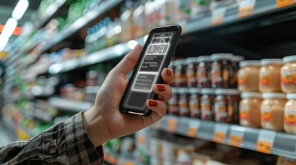hand holding a smartphone scanning a QR code on a food product packaging. The screen displays a list of ingredients with allergens highlighted in red.