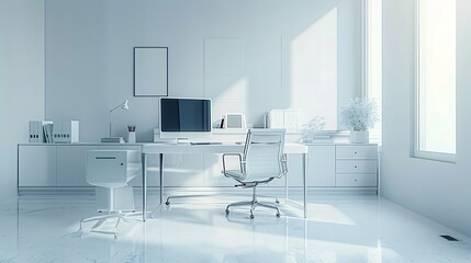 a modern minimalistic white toned modern office desk workspace,professional photograpy