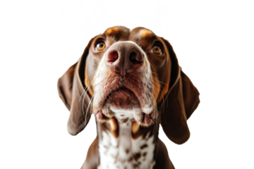 Cute fluffy portrait smile Puppy dog German Shorthaired Pointer that looking at camera isolated on clear png background, funny moment, lovely dog, pet concept.