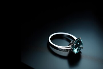 Wedding ring with blue gemstone on a black background.