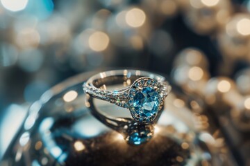 Jewelry ring with blue gemstone on bokeh background