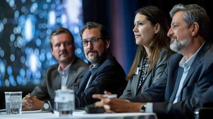 A dynamic shot of a panel discussion on cybersecurity trends and threats, featuring industry experts exchanging insights and expertise.