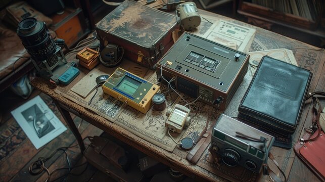 A detailed shot of a vintage ghost hunting equipment setup, including EMF meters and infrared cameras, laid out on an ancient wooden table, ready for a night of investigation