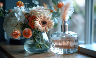 flowers, pink feather, perfume bottle