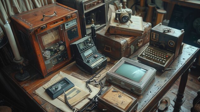 A detailed shot of a vintage ghost hunting equipment setup, including EMF meters and infrared cameras, laid out on an ancient wooden table, ready for a night of investigation