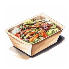 Asian fast food dish in delivery box, teriyaki salmon, rise, bowl. Watercolor hand painted illustration isolated on white background for menu design, print, social media.