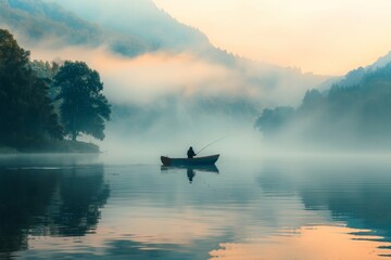 Solitary Fishing in Misty Lake at Sunrise
