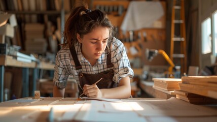 Carpenter Woman Woodworking In Workshop Designer Building Wood Home. Architect Women Smart Work. - obrazy, fototapety, plakaty