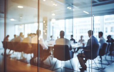 business meeting - out of focus behind glass wall - office work illustration.