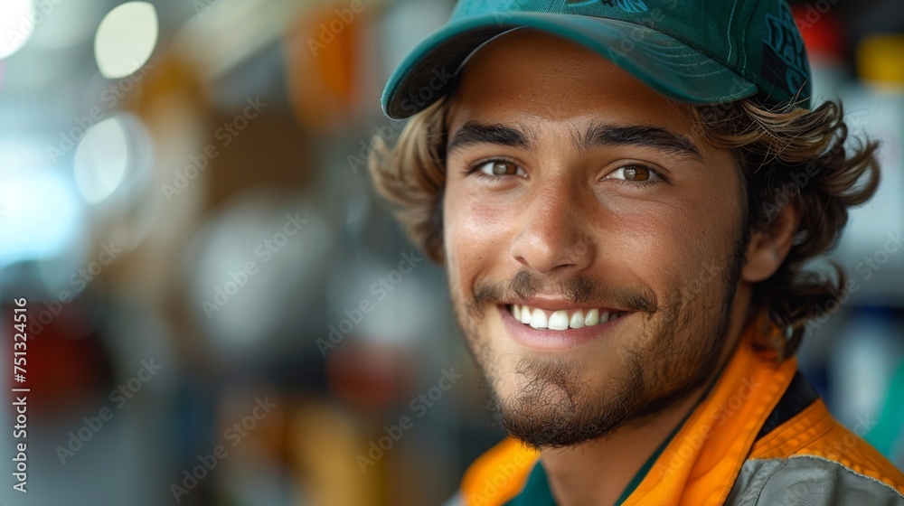 Canvas Prints Close-up portrait of a young man in an orange jacket and cap.