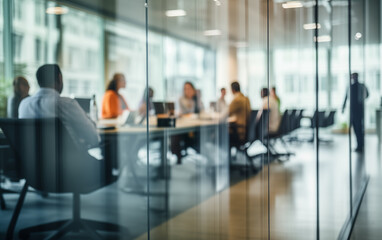 Fototapeta na wymiar business meeting - out of focus behind glass wall - office work illustration.