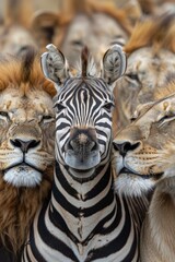 Fototapeta premium portrait of a smiling zebra surrounded by kissing Lions 