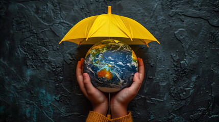 Children's hands shelter the globe under an umbrella. Dark background. Free space for text.