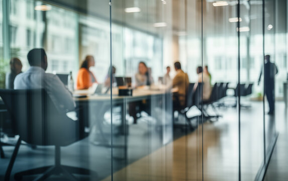 business meeting - out of focus behind glass wall - office work illustration.
