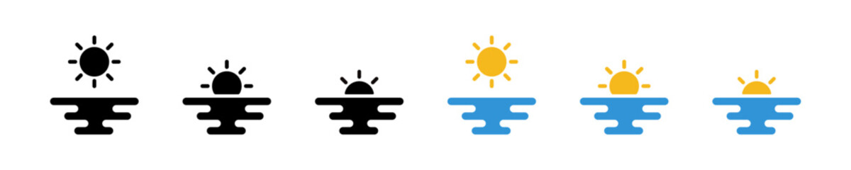 Sundown line icon set. Simple symbol sunshine. Sign sunrise. Half sun design. Sunset illustration in vector flat style