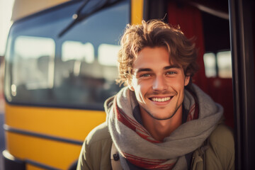 Smiling college student in front of a bus