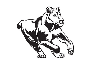 Graphical lioness running on white background, ink-pen element for logo,emblem,tattoo