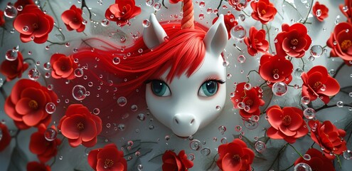 a unicorn in water with red flowers