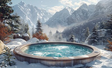 ski resort in the mountains. a hot tub with spa near a winter forest with a snow covered mountain in background  - obrazy, fototapety, plakaty