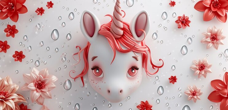 a cartoon unicorn head with red hair and a horn