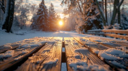 The empty wooden table top with blur background of winter forest
