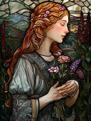 A woman with long red hair is holding a bouquet of flowers
