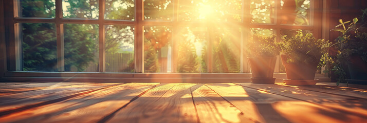 empty  wooden table in front of a window with sunlight in  kitchen, banner design
