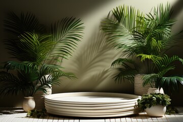 Fototapeta premium Circle podium with green tropical plants in pots and trendy shadows for product presentation