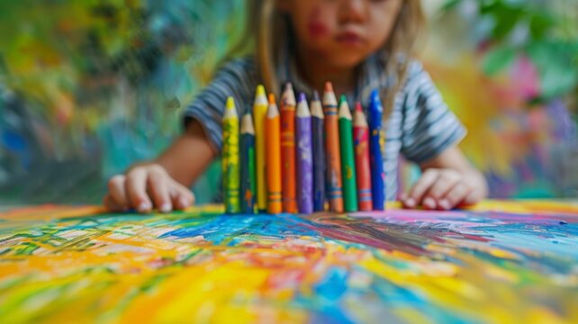 school-aged child Have ideas about art It is a crayon painting on a background of imaginative thoughts