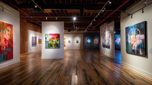 Wide-angle view of an art gallery interior showcasing a variety of colorful paintings
